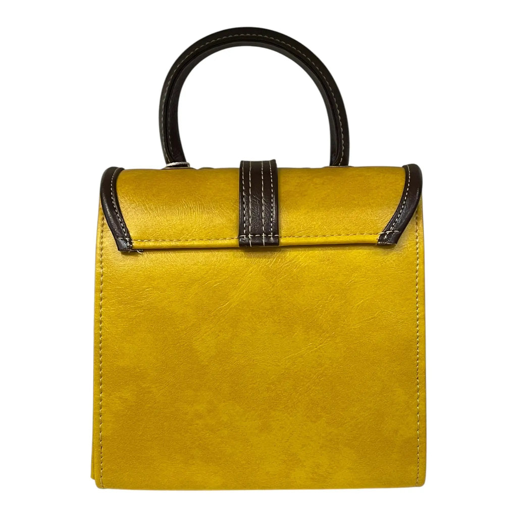 Yellow Vegan Leather Handbag – Structured Top Handle Bag with Gold Hardware, French Style by navichi