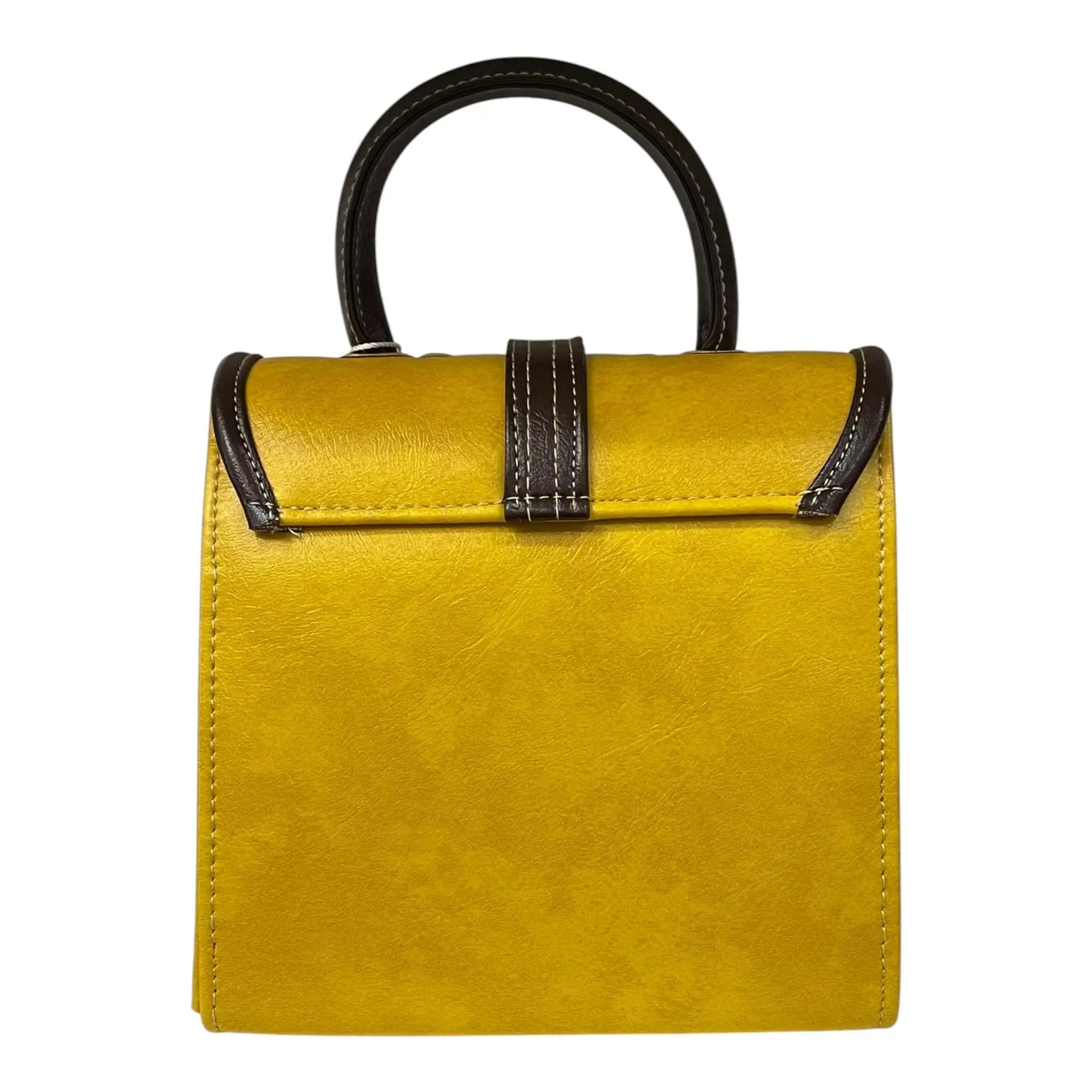 Yellow Vegan Leather Handbag – Structured Top Handle Bag with Gold Hardware, French Style by navichi