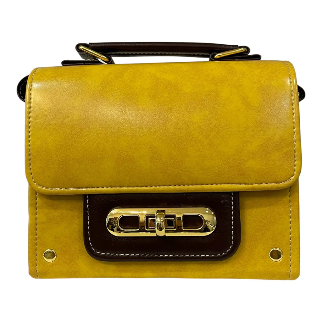 Handmade Vegan Leather Satchel – Mustard Yellow Purse | Gold Twist Lock, Adjustable Strap by navichi