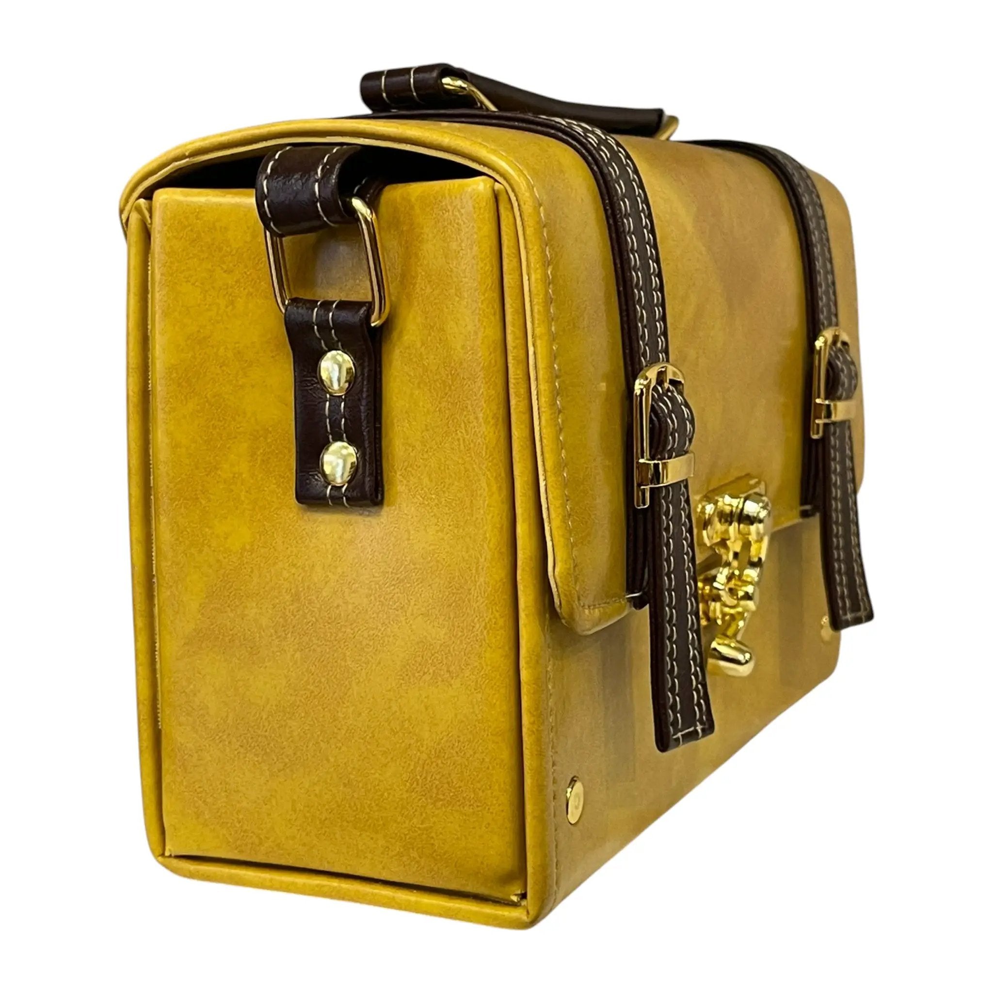 Vegan Leather Satchel – Handmade Mustard Yellow Bag with Gold Hardware Clasp by navichi