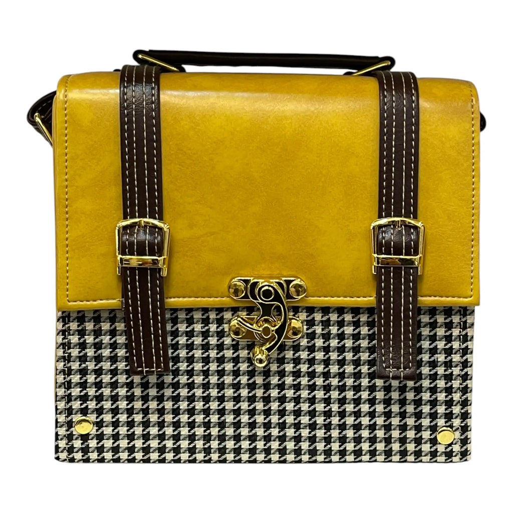 Vegan Leather Satchel – Handmade Mustard Yellow Crossbody Bag With Houndstooth by navichi