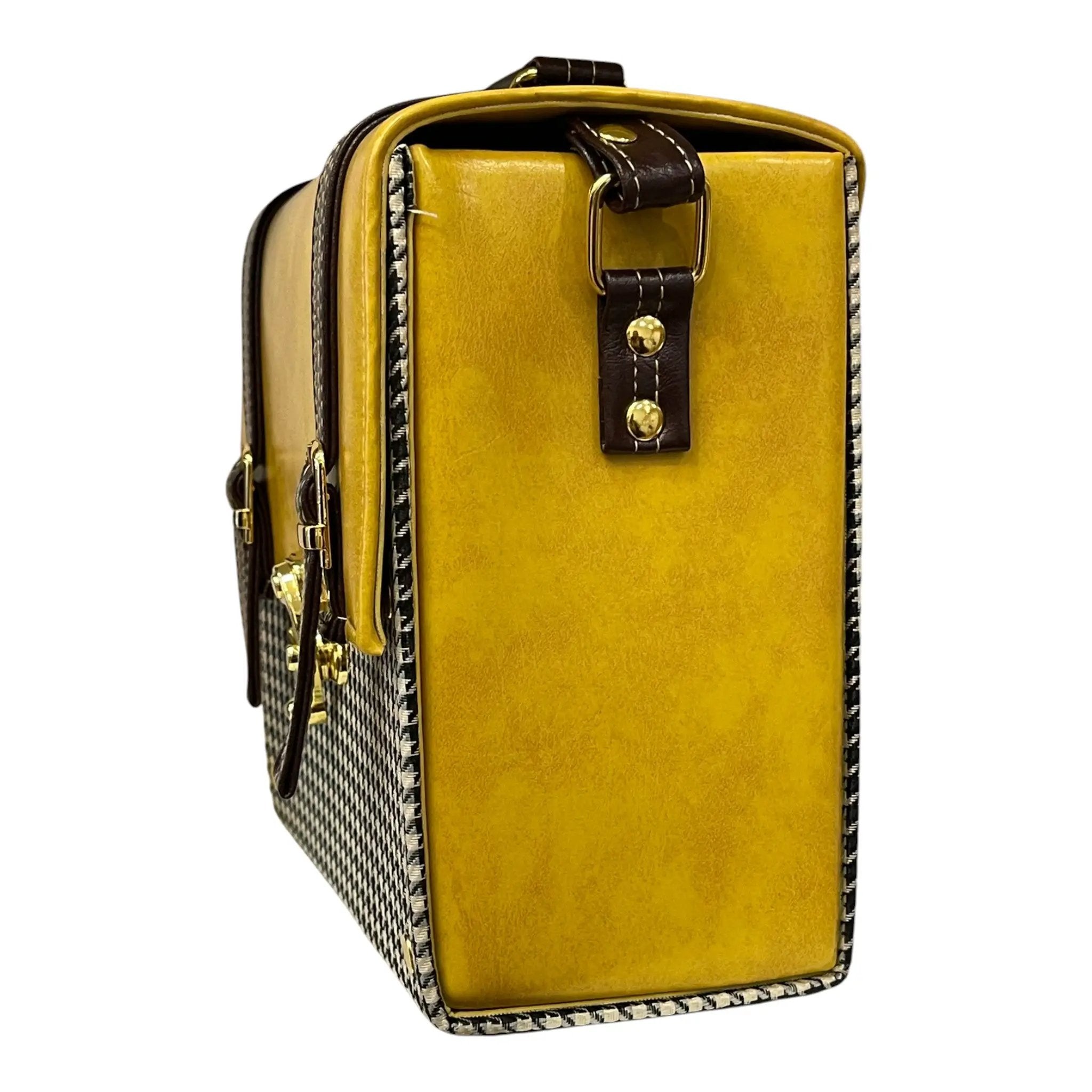 Vegan Leather Satchel – Handmade Mustard Yellow Crossbody Bag With Houndstooth by navichi
