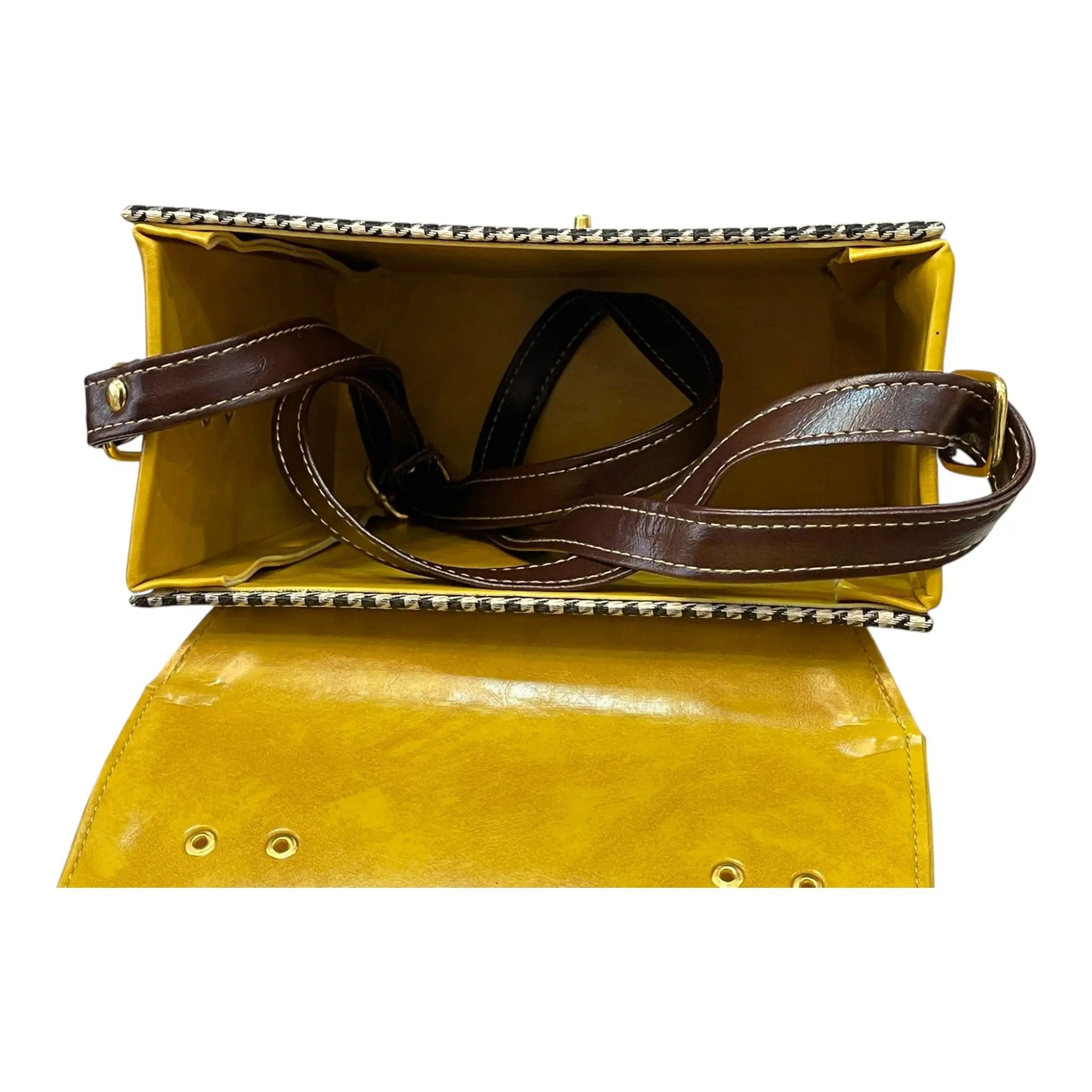 Vegan Leather Satchel – Handmade Mustard Yellow Crossbody Bag With Houndstooth by navichi