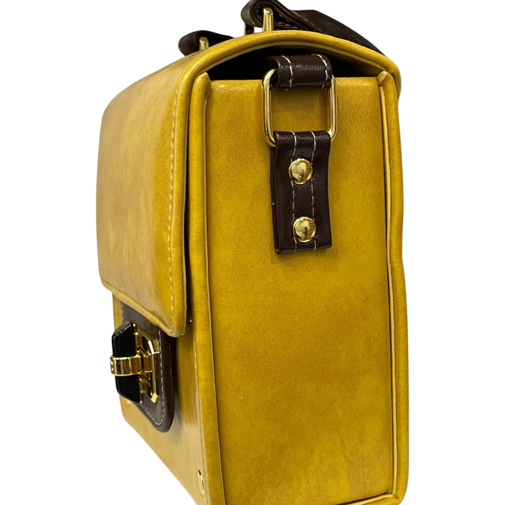Yellow Vegan Leather Bag - Handmade Mini Satchel With Gold Hardware Clasp by navichi