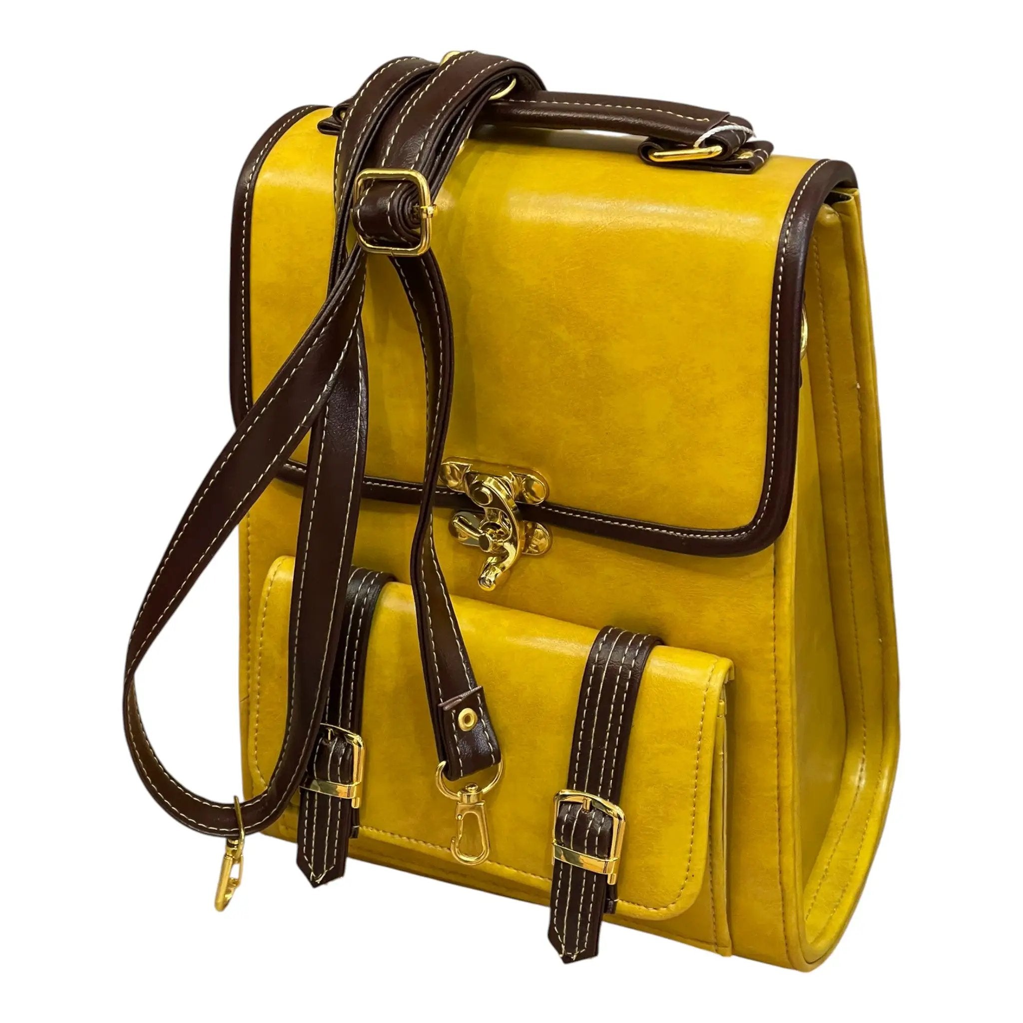 Vegan Leather Backpack – Mustard Yellow Handmade Satchel Bag with Gold Hardware by navichi
