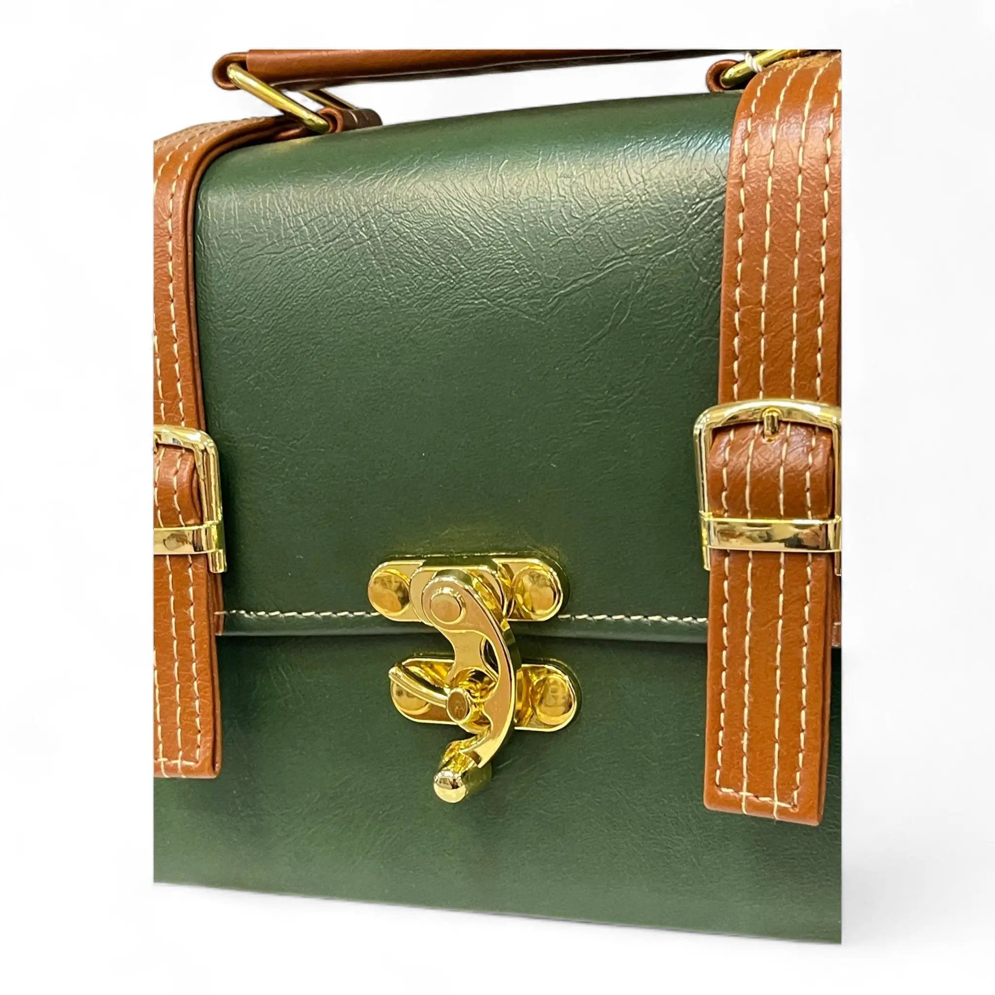 Vegan Leather Bag – Handmade Structured Box Bag With Forest Green & Caramel Brown by navichi