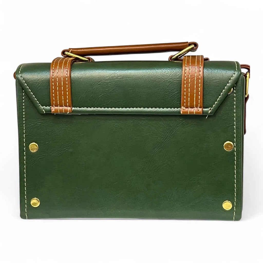 Vegan Leather Bag – Handmade Structured Box Bag With Forest Green & Caramel Brown by navichi