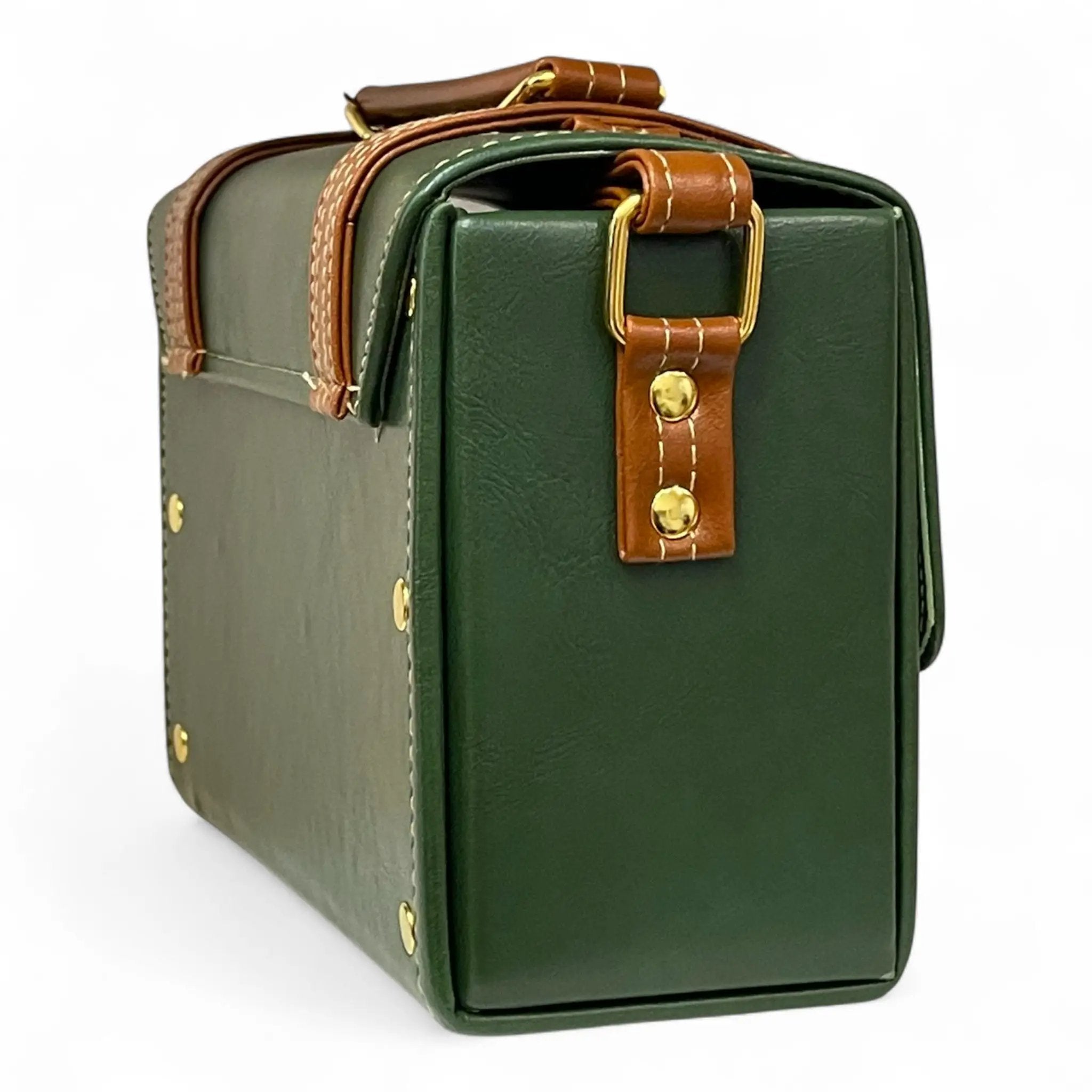 Vegan Leather Bag – Handmade Structured Box Bag With Forest Green & Caramel Brown by navichi