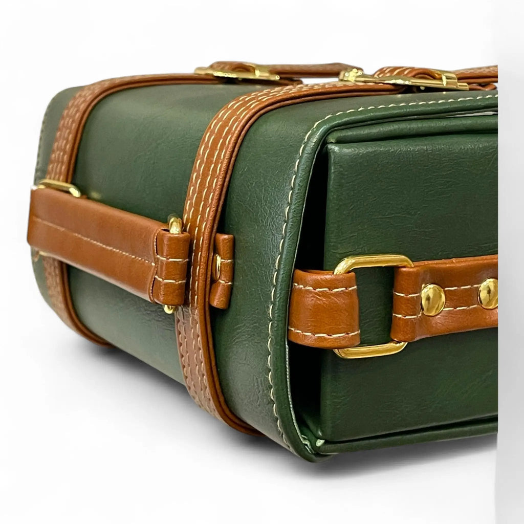 Vegan Leather Bag – Handmade Structured Box Bag With Forest Green & Caramel Brown by navichi
