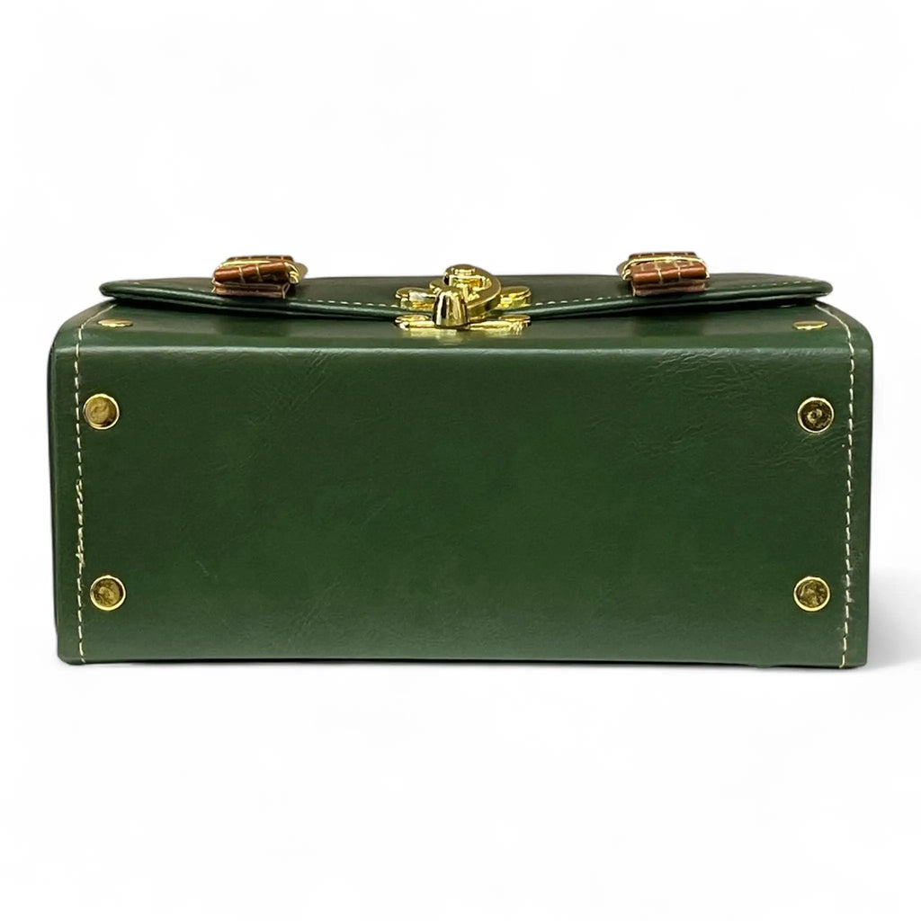 Vegan Leather Bag – Handmade Structured Box Bag With Forest Green & Caramel Brown by navichi