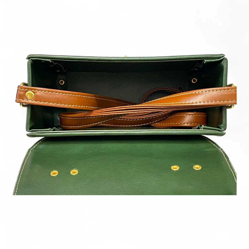 Vegan Leather Bag – Handmade Structured Box Bag With Forest Green & Caramel Brown by navichi