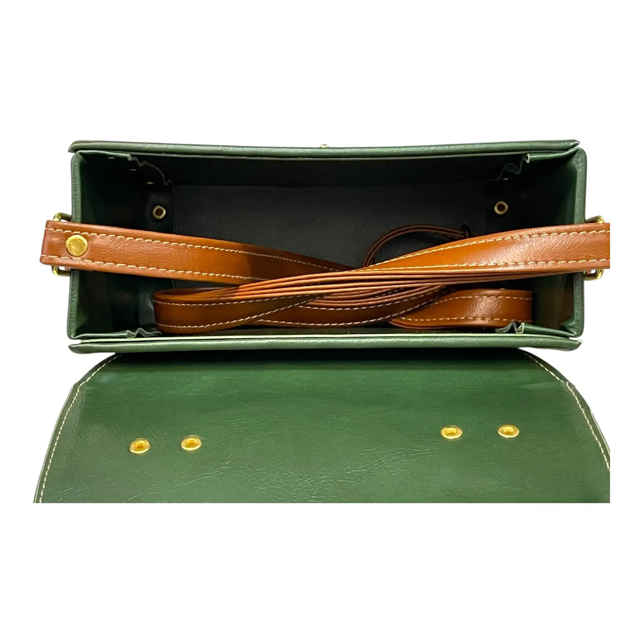 Vegan Leather Handbag – Forest Green Purse with Gold Twist Lock & Detachable Strap by navichi