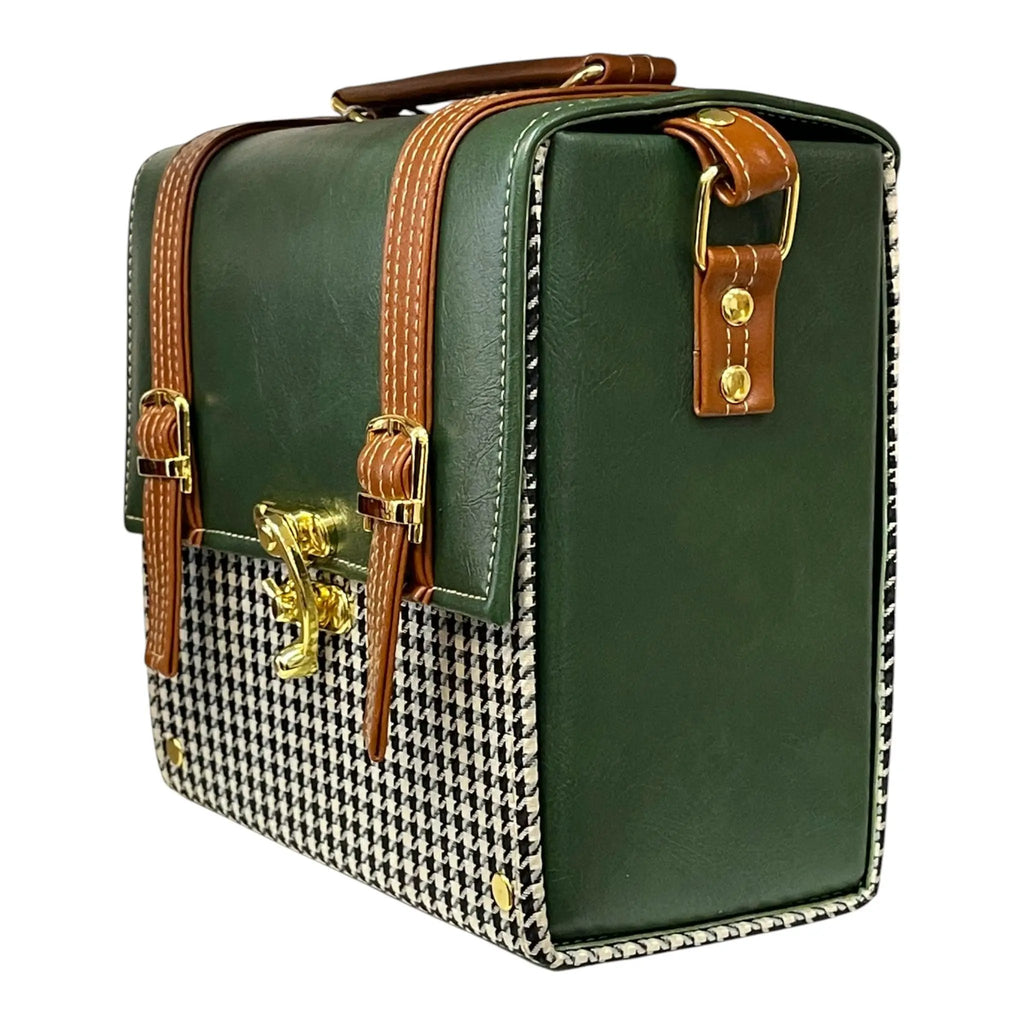 Vegan Leather Handbag – Forest Green Purse with Gold Twist Lock & Detachable Strap by navichi