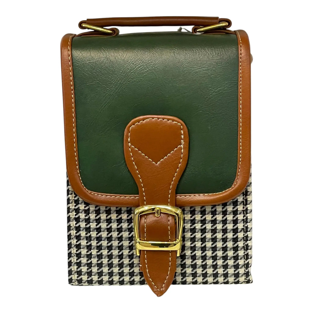 Handmade Vegan Leather Handbag – Green Brown Houndstooth Purse | Eco Friendly Shoulder Bag 19x13x9 cm by navichi