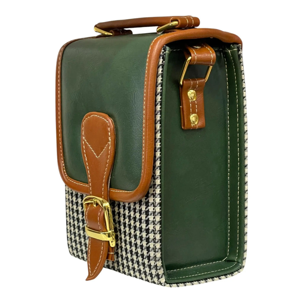 Handmade Vegan Leather Handbag – Green Brown Houndstooth Purse | Eco Friendly Shoulder Bag 19x13x9 cm by navichi