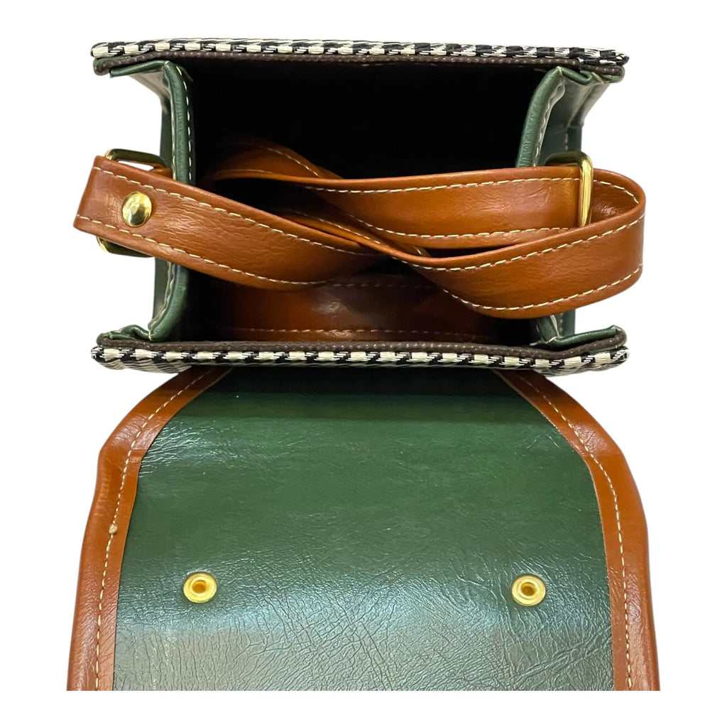 Handmade Vegan Leather Handbag – Green Brown Houndstooth Purse | Eco Friendly Shoulder Bag 19x13x9 cm by navichi