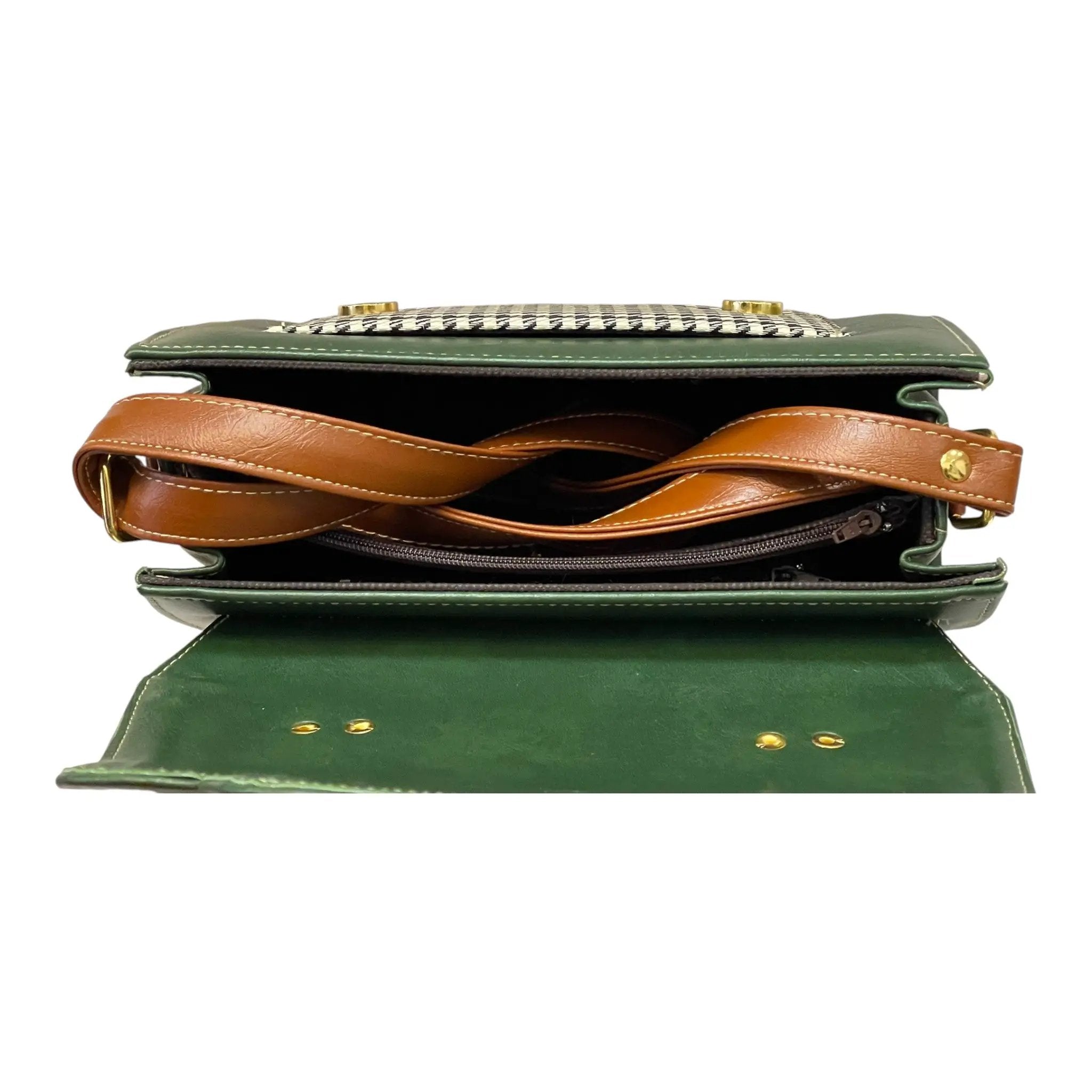 Vegan Leather Satchel – Handmade Green Brown Mini Crossbody Bag with Gold Buckle Closure by navichi