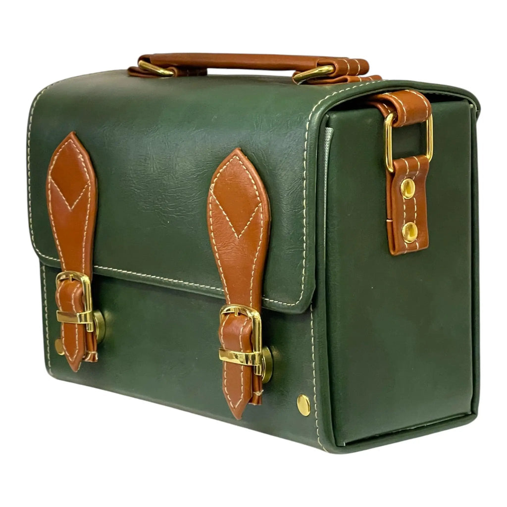Vegan Leather Satchel – Handmade Green Brown Mini Crossbody Bag with Gold Buckle Closure by navichi