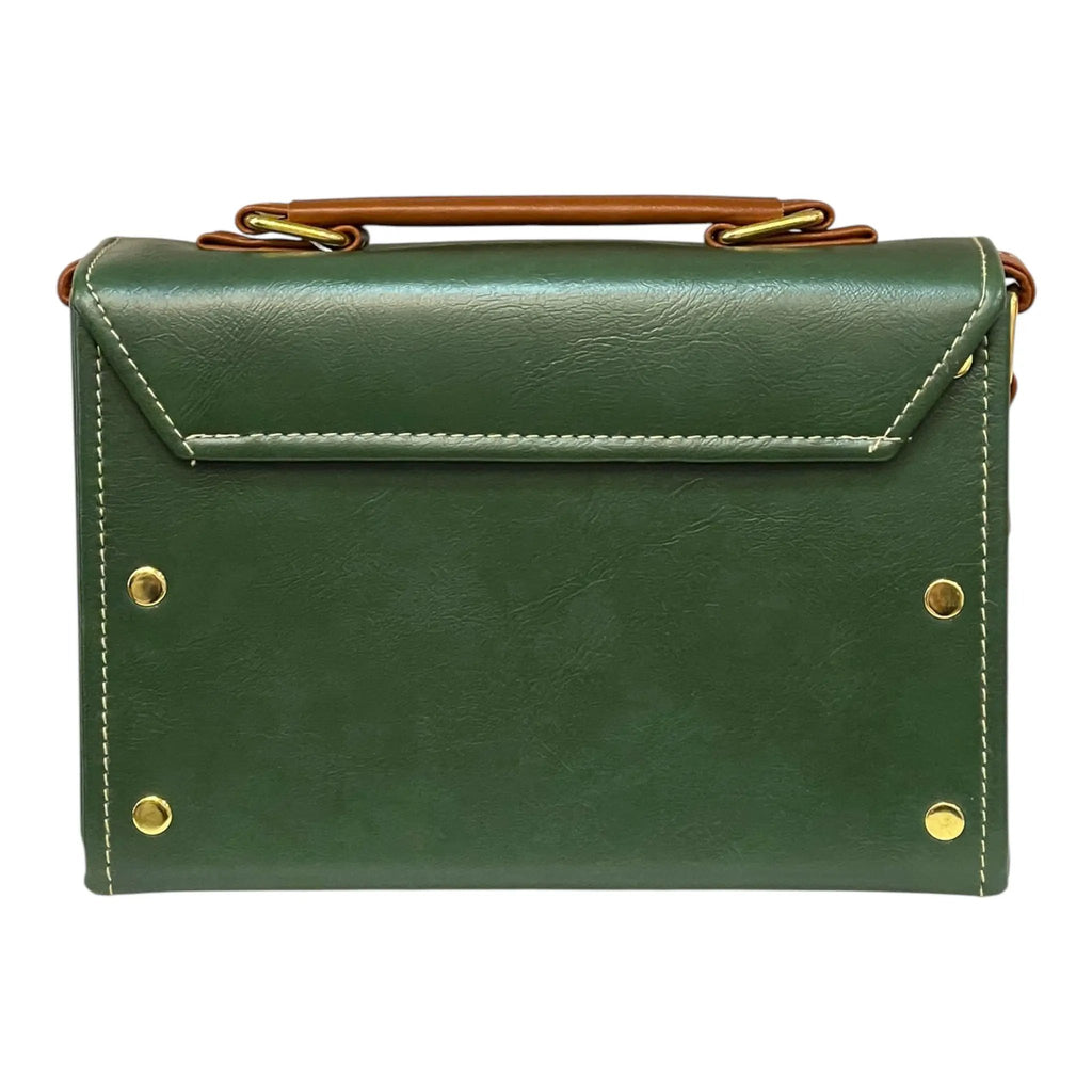 Vegan Leather Satchel – Handmade Green Brown Mini Crossbody Bag with Gold Buckle Closure by navichi