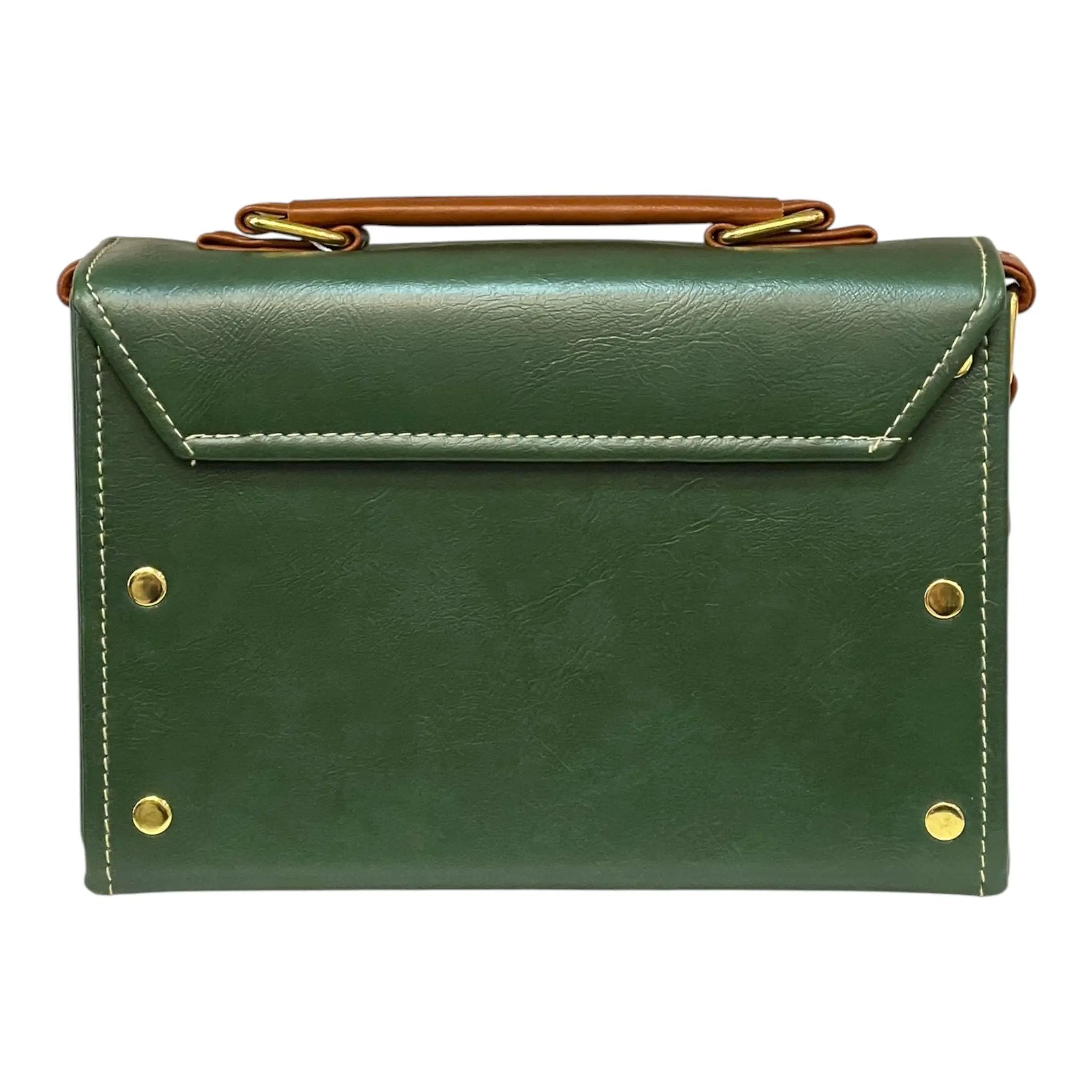 Vegan Leather Satchel – Handmade Green Brown Mini Crossbody Bag with Gold Buckle Closure by navichi