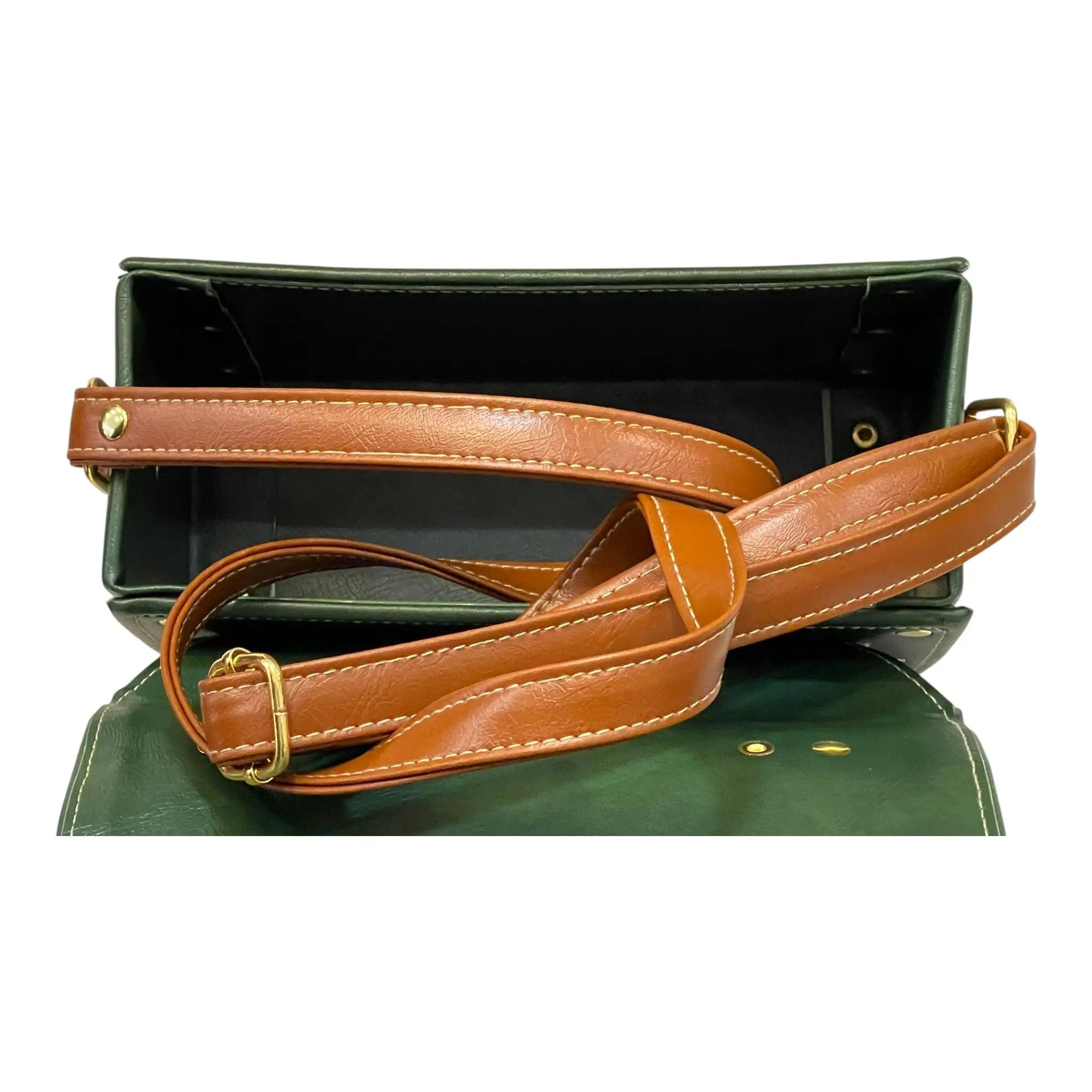 Vegan Leather Satchel – Handmade Green Brown Mini Crossbody Bag with Gold Buckle Closure by navichi