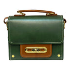 Vegan Leather Handbag – Handmade Forest Green & Caramel Brown Structured Bag with Gold Lock by navichi