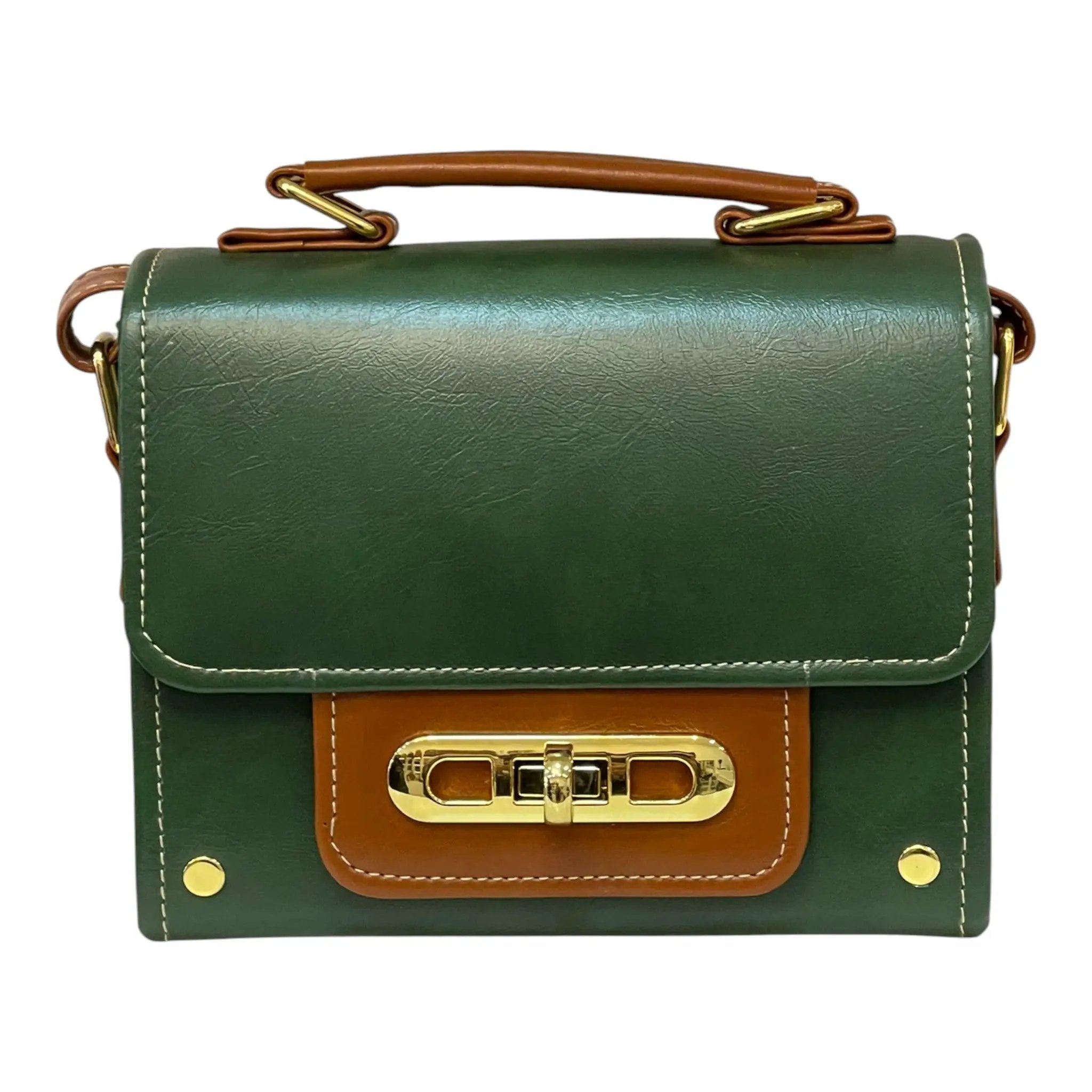Vegan Leather Handbag – Handmade Forest Green & Caramel Brown Structured Bag with Gold Lock by navichi
