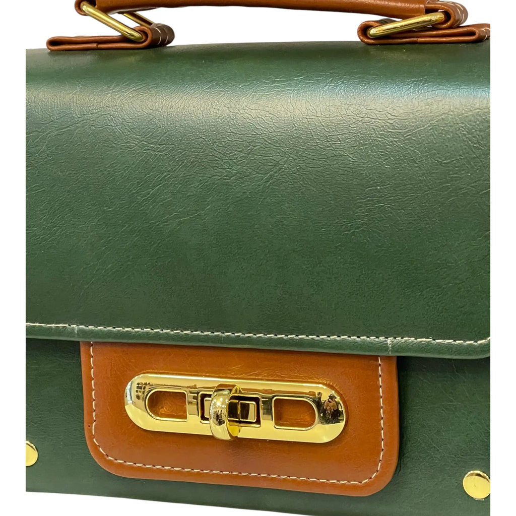 Vegan Leather Handbag – Handmade Forest Green & Caramel Brown Structured Bag with Gold Lock by navichi