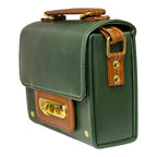 Vegan Leather Handbag – Handmade Forest Green & Caramel Brown Structured Bag with Gold Lock by navichi