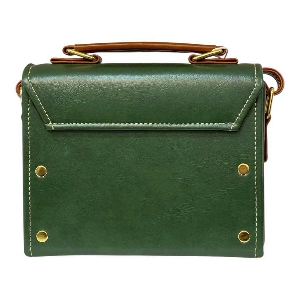 Vegan Leather Handbag – Handmade Forest Green & Caramel Brown Structured Bag with Gold Lock by navichi