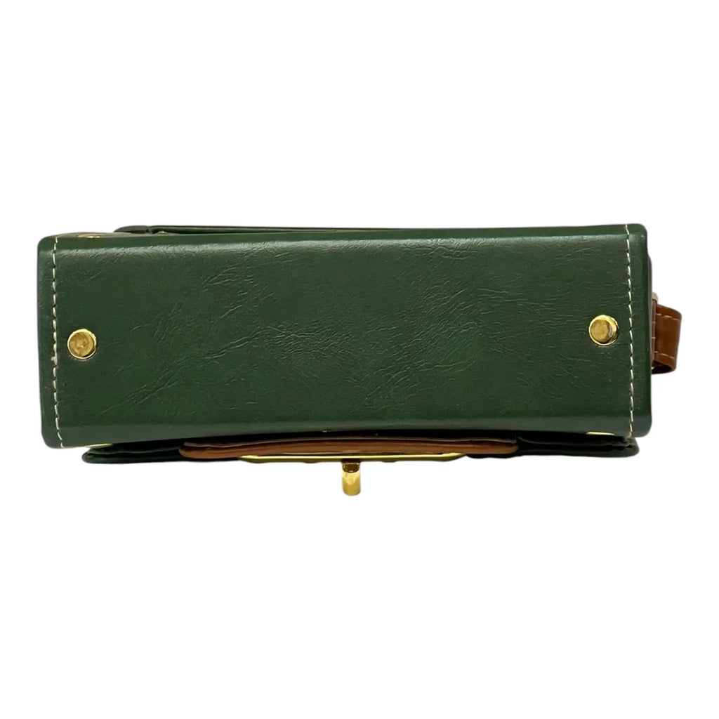 Vegan Leather Handbag – Handmade Forest Green & Caramel Brown Structured Bag with Gold Lock by navichi