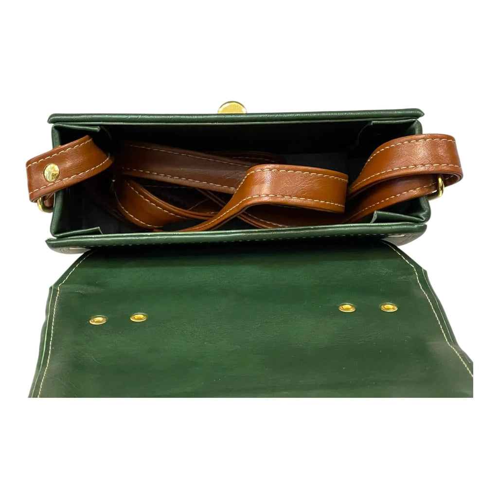 Vegan Leather Handbag – Handmade Forest Green & Caramel Brown Structured Bag with Gold Lock by navichi
