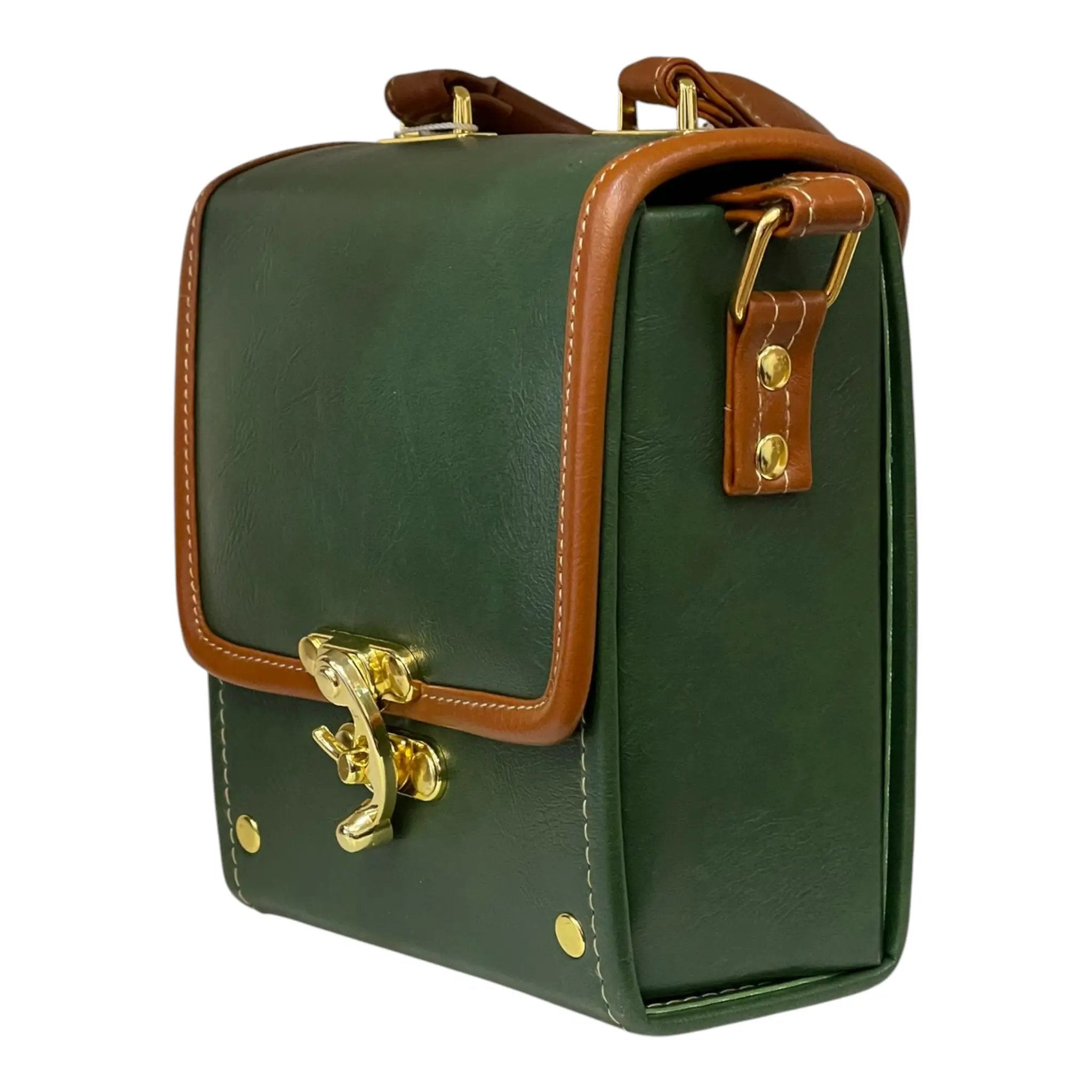 Vegan Leather Mini Satchel – Forest Green Compact Crossbody Bag With Gold Hardware by navichi