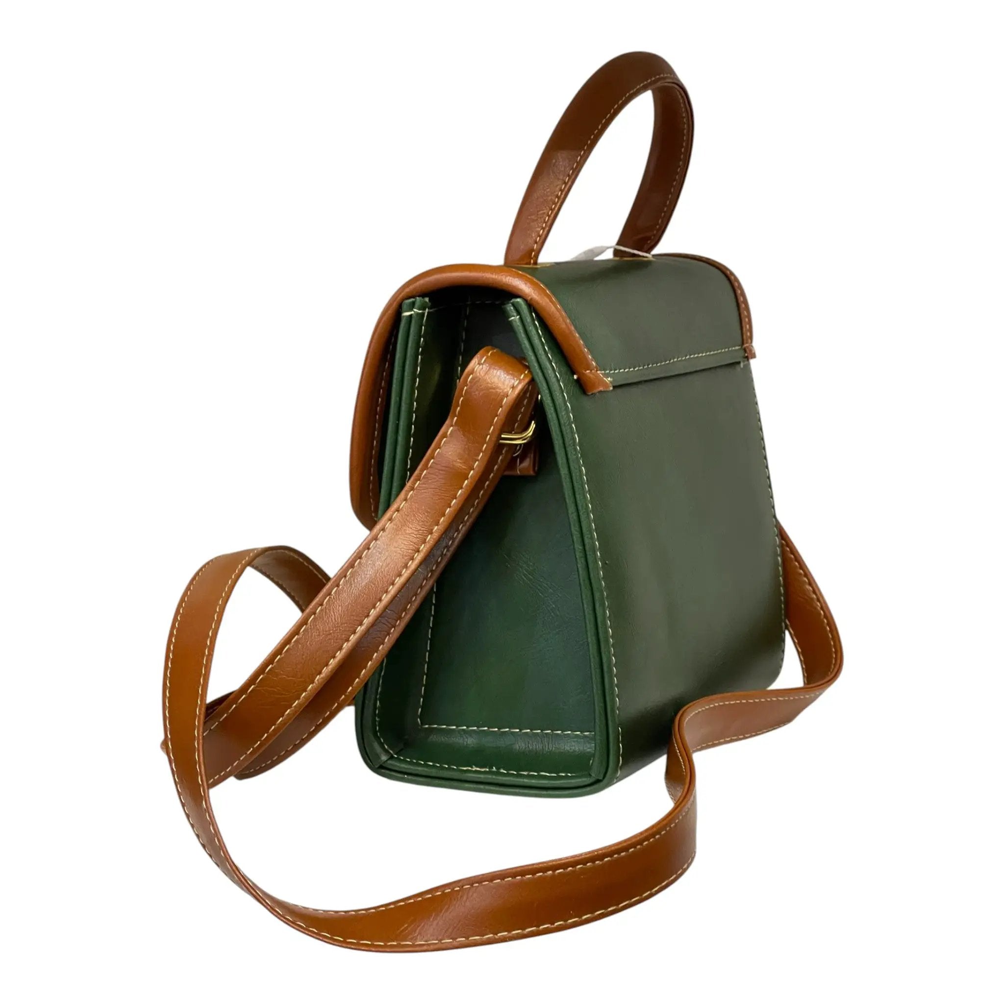 French Vegan Leather Handbag – Handmade Structured Mini Bag | Green Cream Brown by navichi