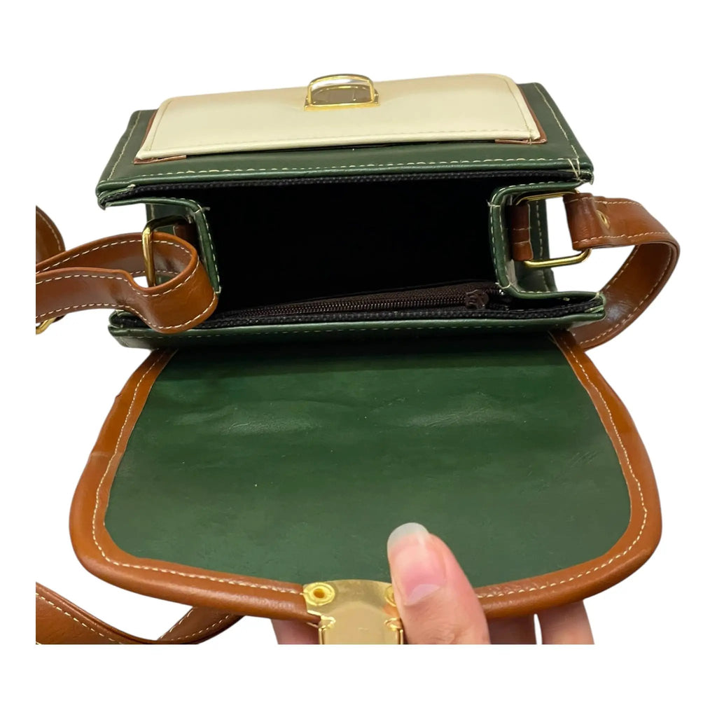 French Vegan Leather Handbag – Handmade Structured Mini Bag | Green Cream Brown by navichi