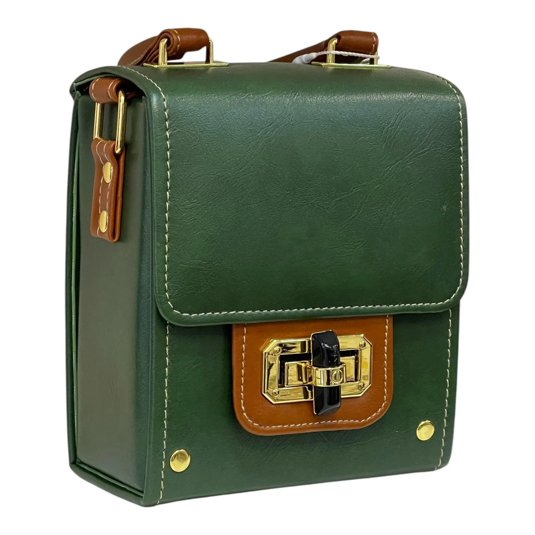 Vegan Leather Mini Satchel – Forest Green Structured Crossbody Bag with Black Clasp by navichi