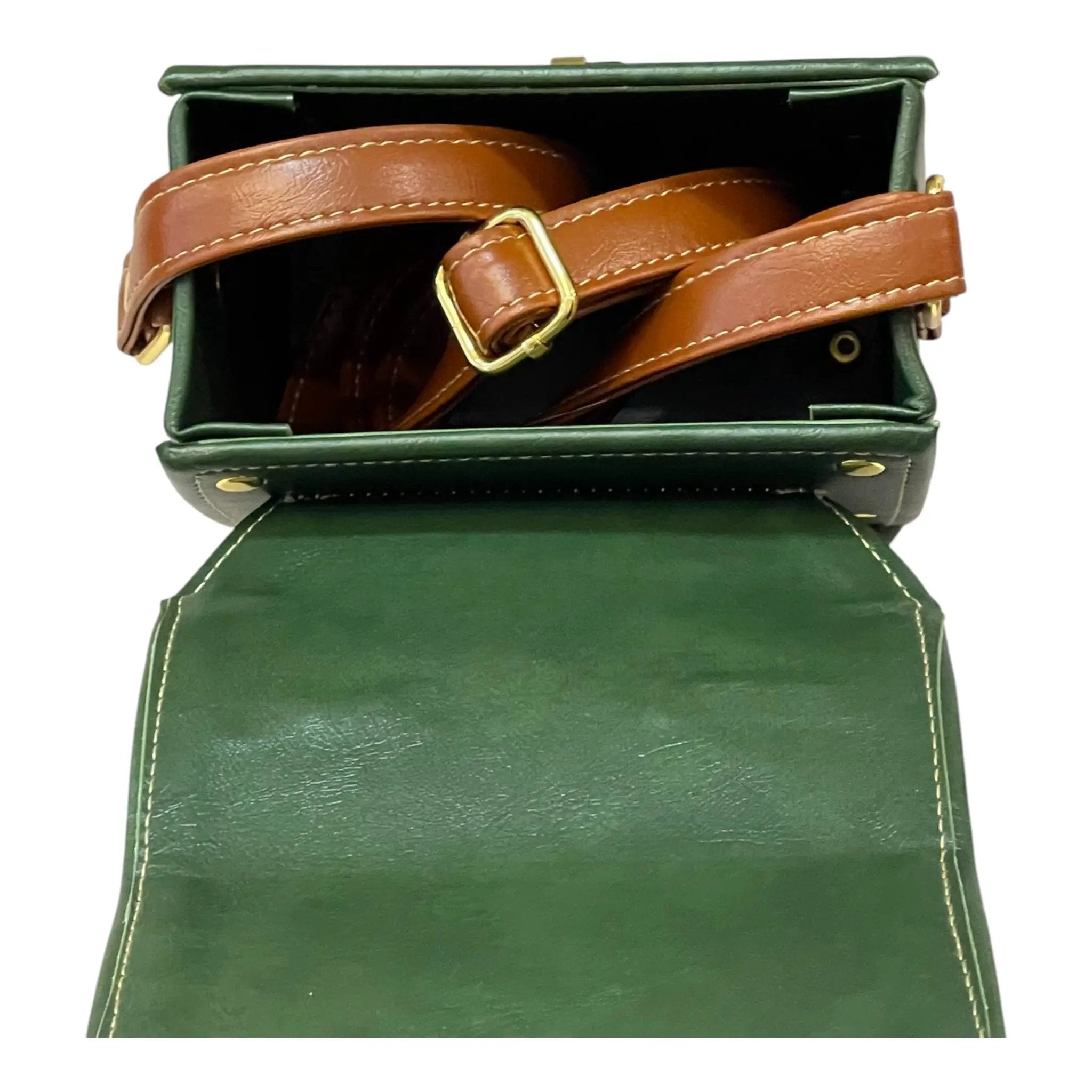 Vegan Leather Mini Satchel – Forest Green Structured Crossbody Bag with Black Clasp by navichi