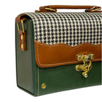Vegan Leather Satchel – Handmade Houndstooth Crossbody Bag | Forest Green & Tan 21x14x9 cm by navichi