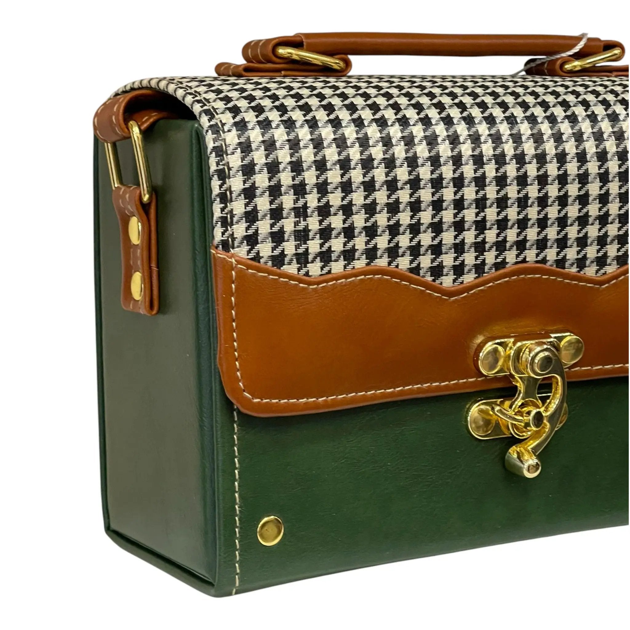 Vegan Leather Satchel – Handmade Houndstooth Crossbody Bag | Forest Green & Tan 21x14x9 cm by navichi