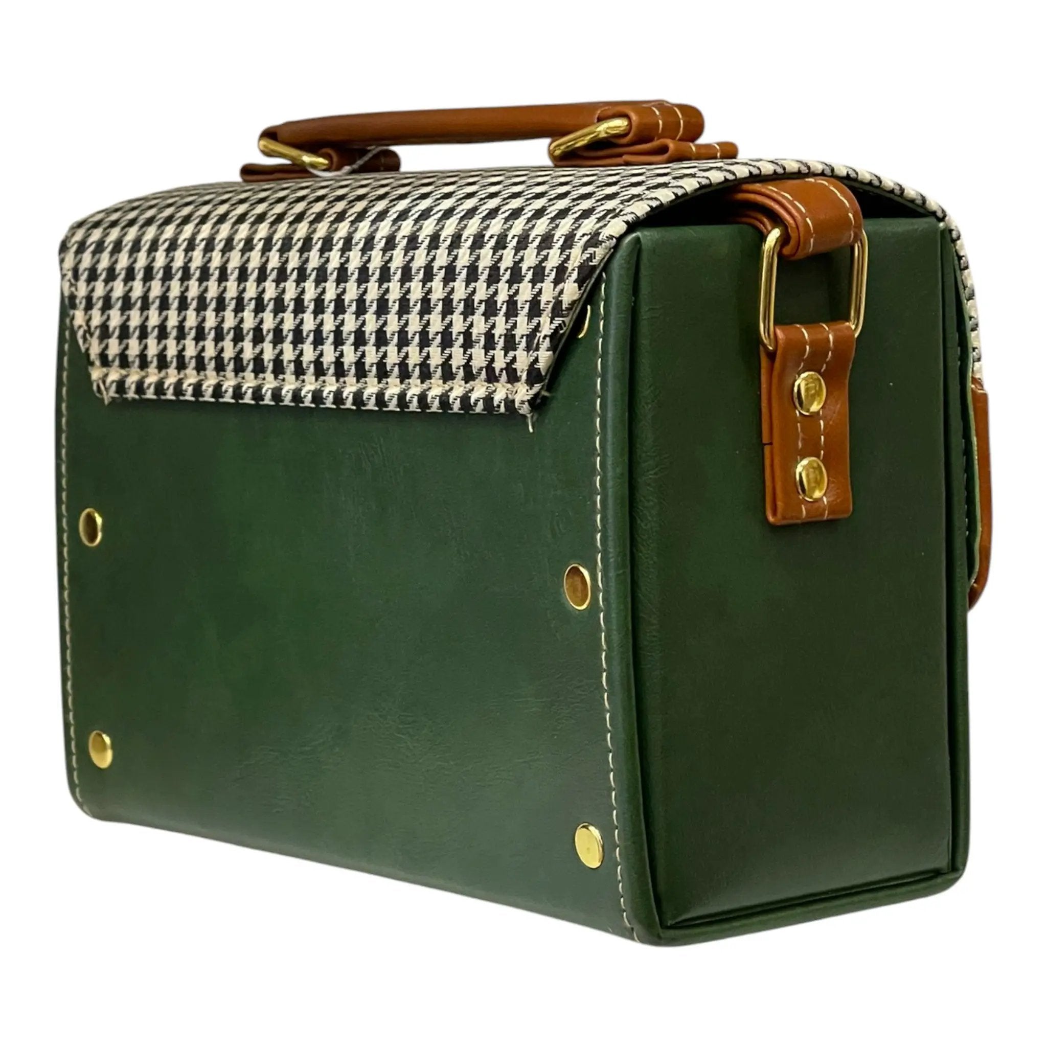 Vegan Leather Satchel – Handmade Houndstooth Crossbody Bag | Forest Green & Tan 21x14x9 cm by navichi