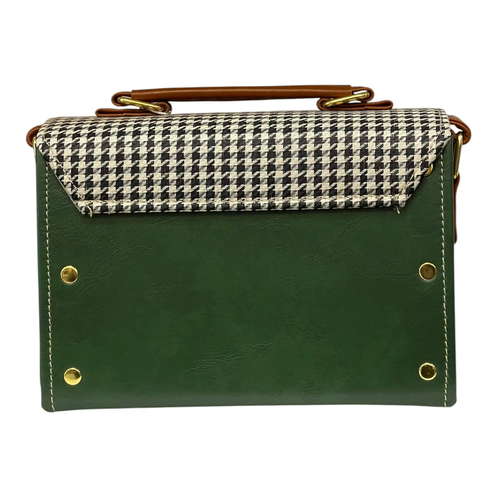 Vegan Leather Satchel – Handmade Houndstooth Crossbody Bag | Forest Green & Tan 21x14x9 cm by navichi