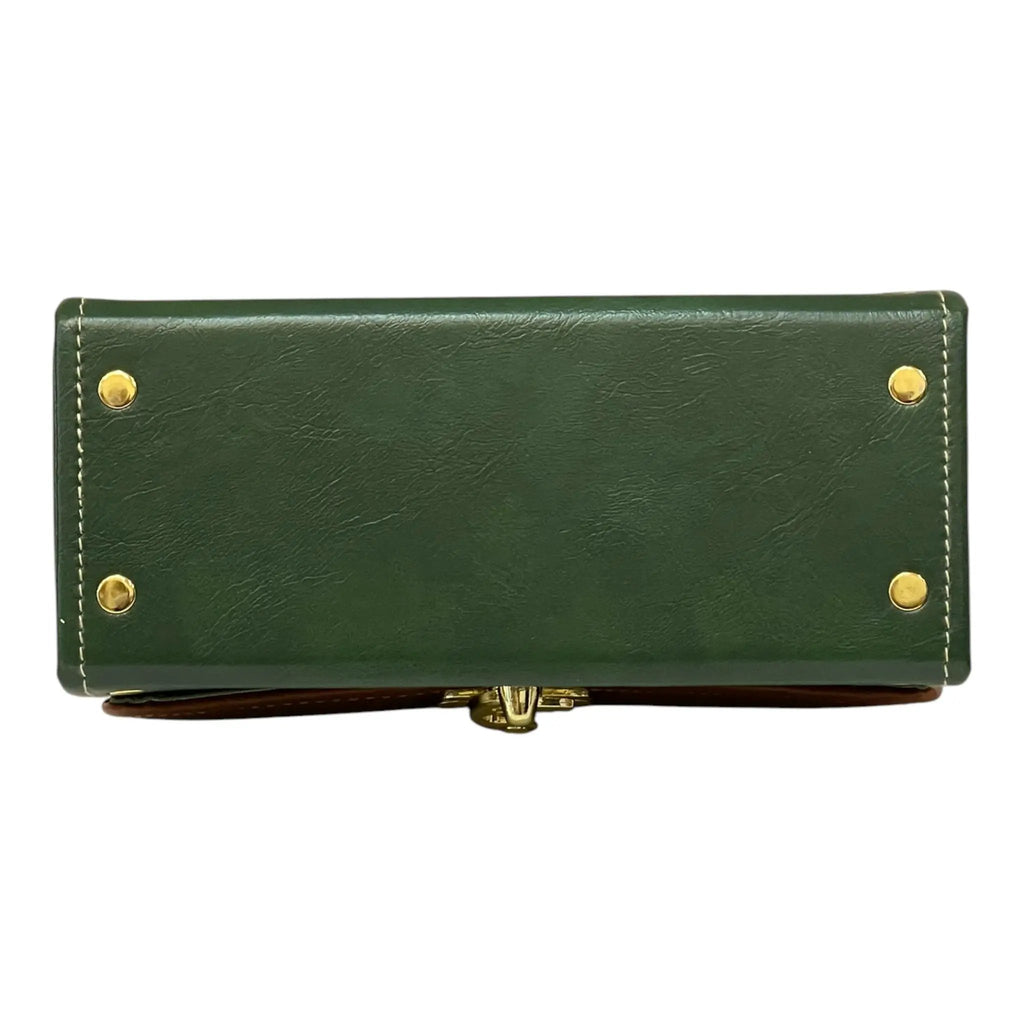 Vegan Leather Satchel – Handmade Houndstooth Crossbody Bag | Forest Green & Tan 21x14x9 cm by navichi