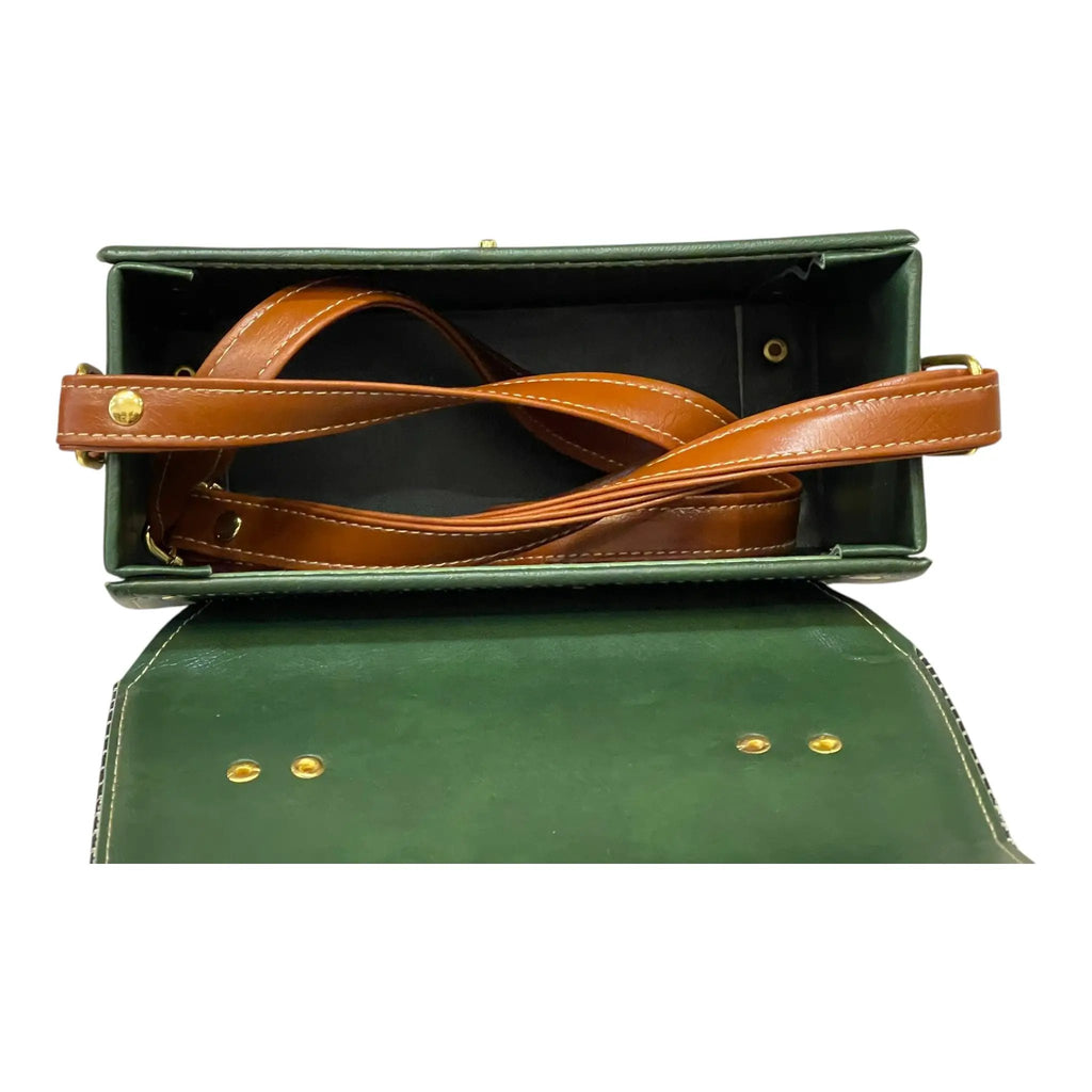 Vegan Leather Satchel – Handmade Houndstooth Crossbody Bag | Forest Green & Tan 21x14x9 cm by navichi