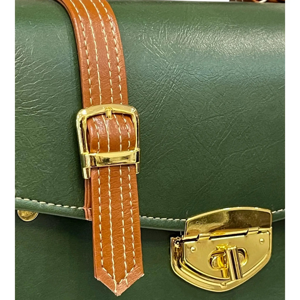 Vegan Leather Box Bag – Handmade Forest Green Purse with Gold Hardware | Structured Handbag by navichi