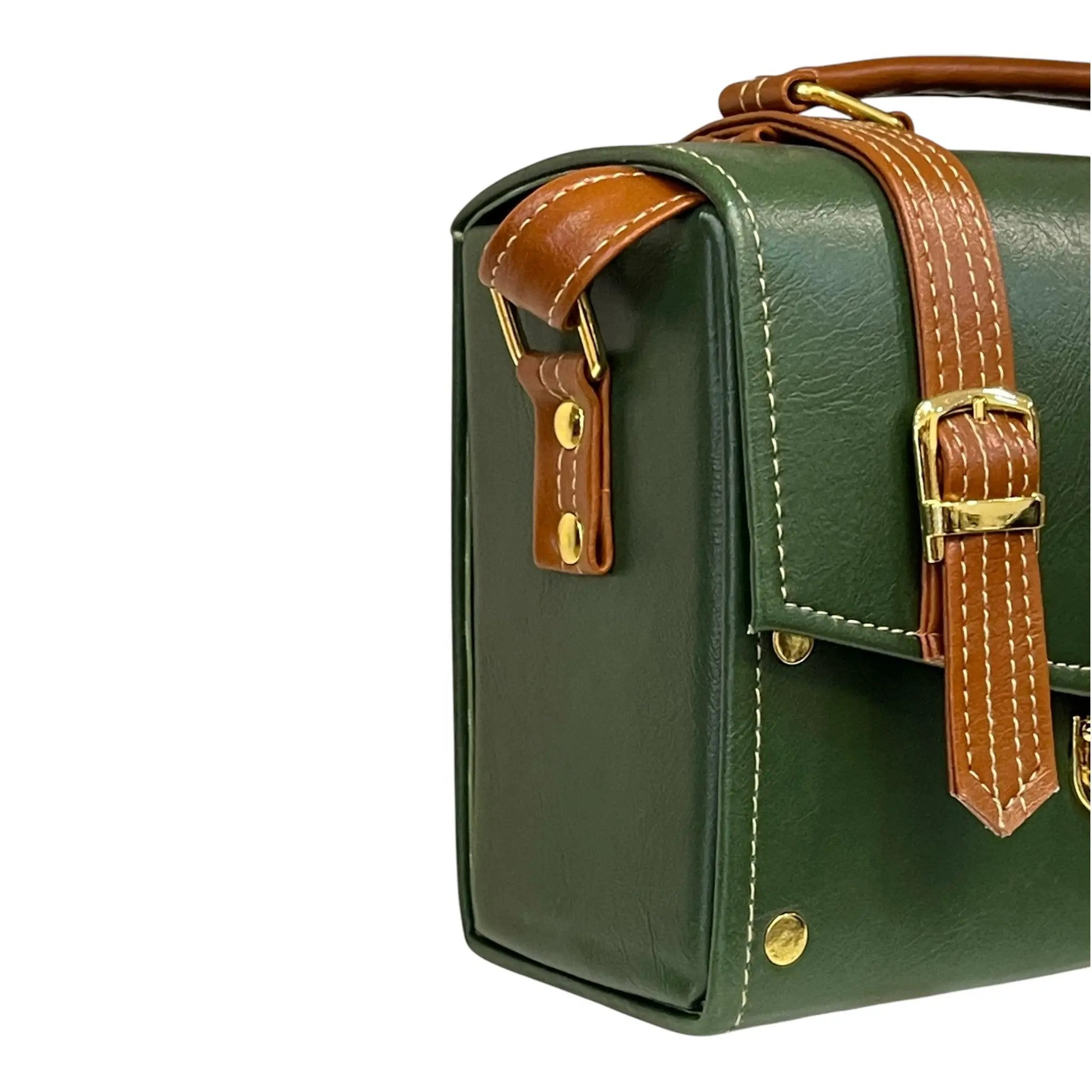 Vegan Leather Box Bag – Handmade Forest Green Purse with Gold Hardware | Structured Handbag by navichi
