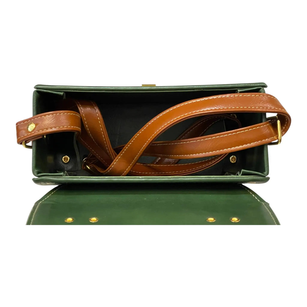 Vegan Leather Box Bag – Handmade Forest Green Purse with Gold Hardware | Structured Handbag by navichi