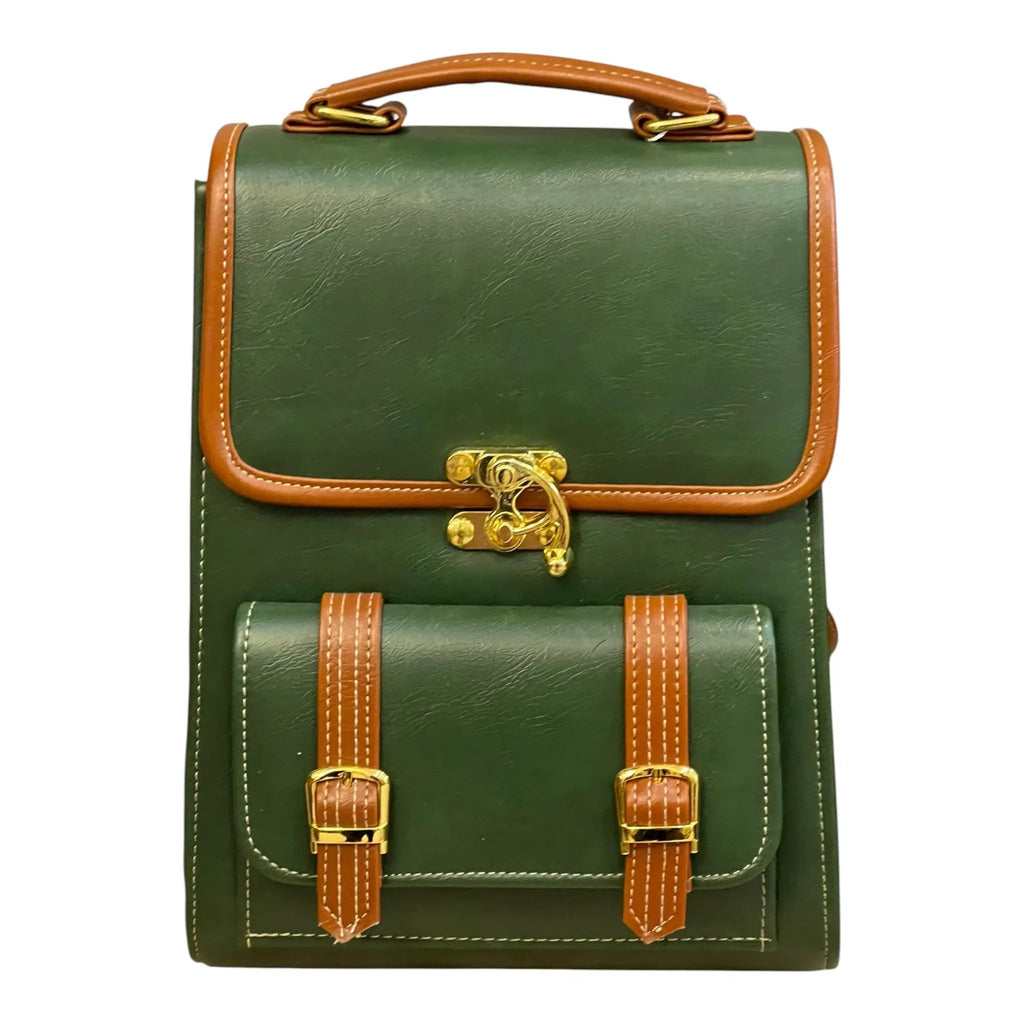 Vegan Leather Backpack – Handmade French Green Brown Structured Mini Bag With Gold Hardware by navichi