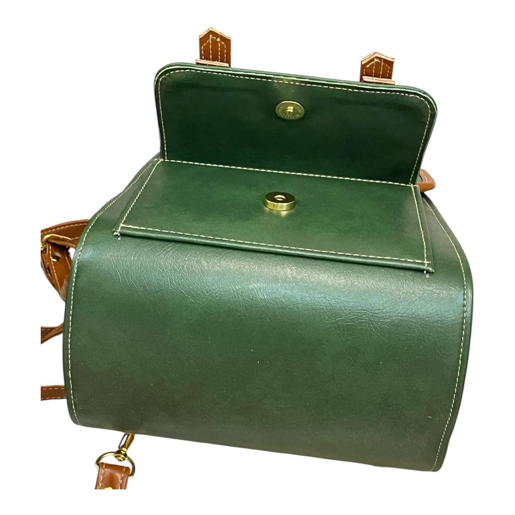 Vegan Leather Backpack – Handmade French Green Brown Structured Mini Bag With Gold Hardware by navichi