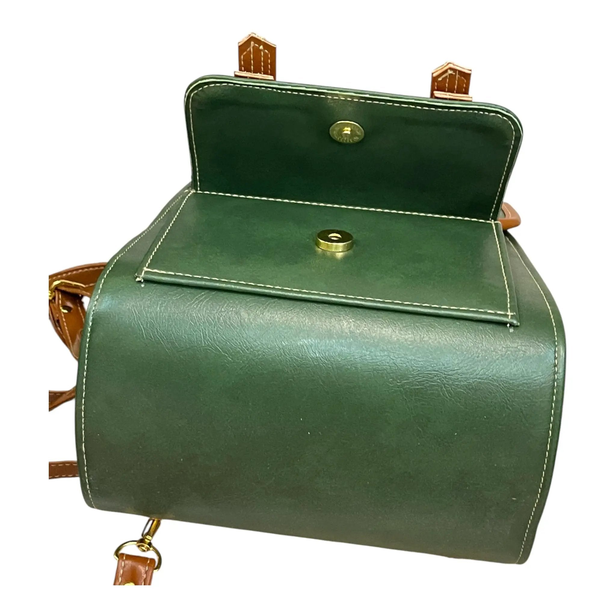 Vegan Leather Backpack – Handmade French Green Brown Structured Mini Bag With Gold Hardware by navichi