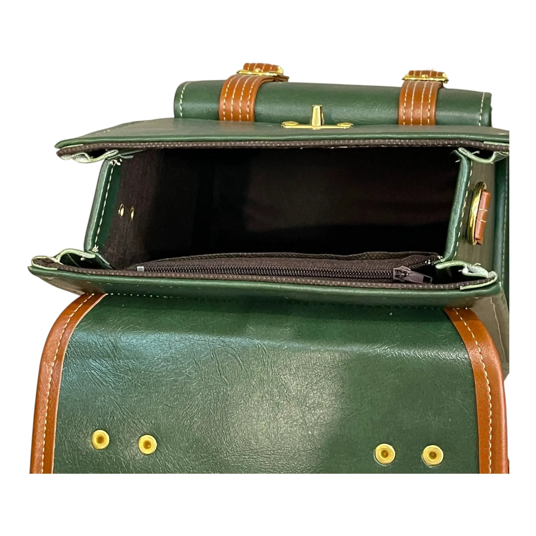 Vegan Leather Backpack – Handmade French Green Brown Structured Mini Bag With Gold Hardware by navichi